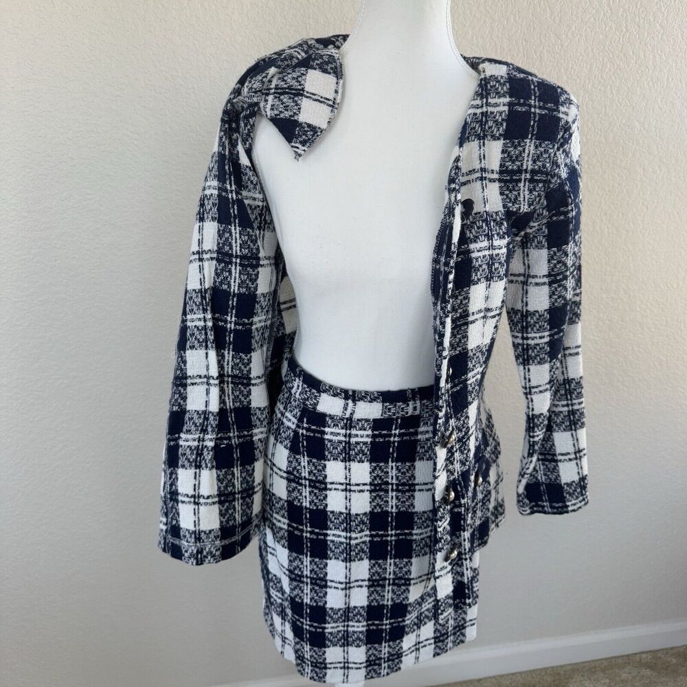 Byer Dress Jacket & Skirt Suit Set Navy Blue White Plaid Juniors Size 9 Vintage - Picture 13 of 16